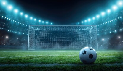 Fototapeta premium Night soccer game scene; a soccer ball sits before a goal in a brightly lit stadium shrouded in atmospheric haze