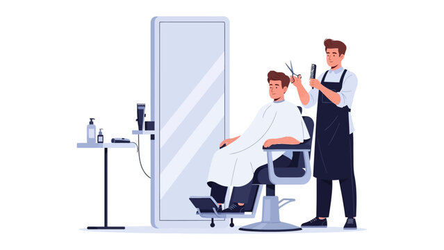 Professional barber giving a modern haircut to a satisfied client in a stylish salon setting - Powered by Adobe