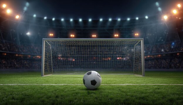Night soccer game, penalty kick scene; ball at spot, goal in focus, stadium lights illuminate a packed crowd