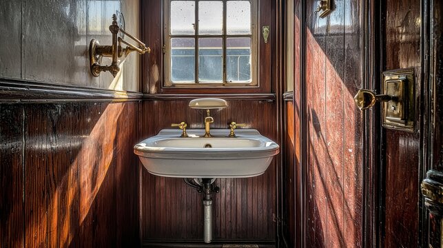 Porcelain fixtures traditional pedestal basin with decorative brass faucets in 1940 s passenger train washroom rich wood paneling warm sunlight streaming window authentic vintage railway interior des