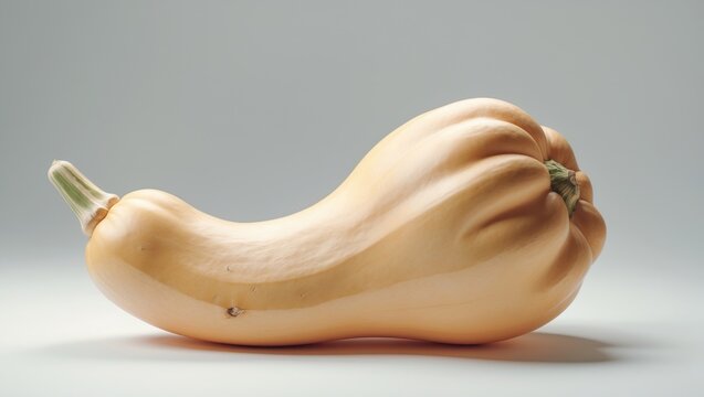 A large beige gourd or squash with a bulbous shape and a smooth surface, lying on a plain surface.