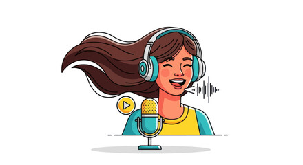 Cartoon Woman Singing into Microphone with Headphones.