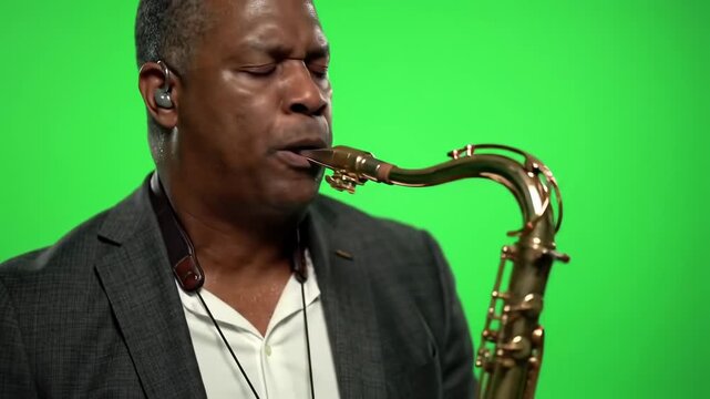 Man playing saxophone on green screen