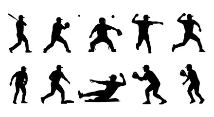 Dynamic baseball action silhouettes capturing athletic moments of batting, throwing, and fielding