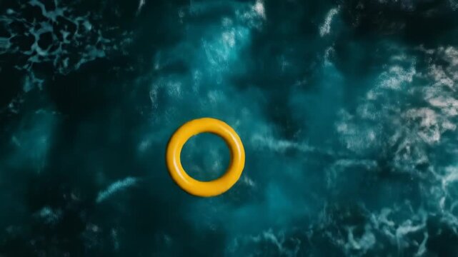 Yellow inflatable ring floating in dark ocean.
