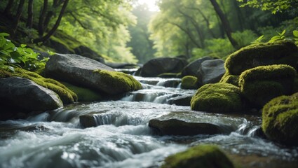 A flowing stream with moss-covered rocks in a lush, green forest.