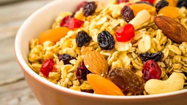 Bowl of granola with dried fruit and nuts