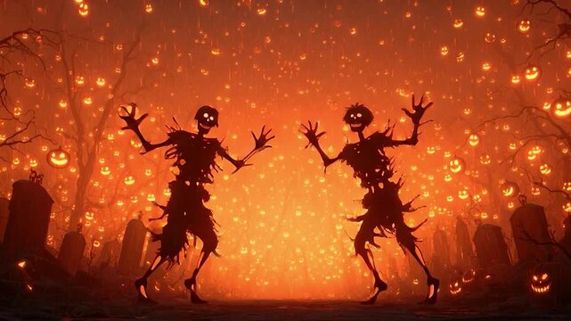 Dancing Skeletons and Halloween Lights: An eerie, animated scene featuring dancing skeletons set against a backdrop of glowing Halloween lights, amidst the silhouette of spooky trees and tombstones.