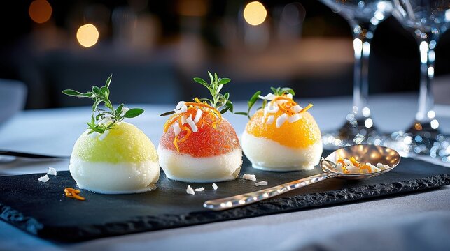 Premium sorbet intermezzo trio on elegant black slate with fresh herb garnishes - lime, strawberry and orange palate cleansers in upscale dining setting