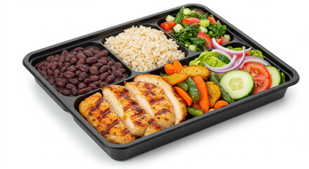 Traditional Brazilian Lunch Box with Grilled Chicken, Black Beans, Brown Rice, Roasted Vegetables, and Fresh Salad – Balanced Meal Photography