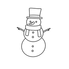 A snowman with a hat and scarf is standing with his arms outstretched
