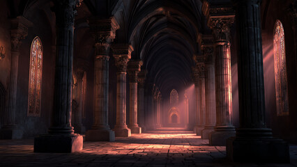 Grand medieval castle corridor with gothic arches