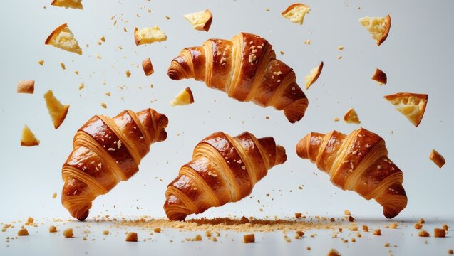 Four croissants with crumbs falling, creating a dynamic motion effect. Pastry and breakfast food, conceptual. The theme of baked goods and celebration.