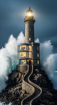 Lighthouse perched on rocky outcrop with crashing waves and modern glass extension ocean coast