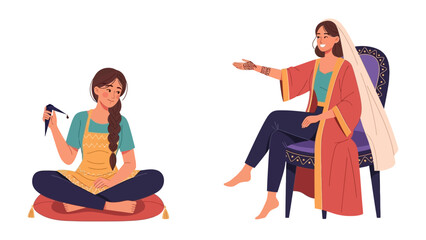 Two women interacting one seated on the floor with headphones the other in a chair gesturing