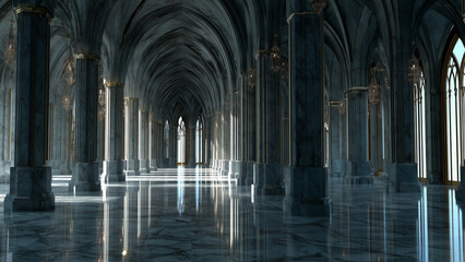 Vast royal castle corridor with endless arches