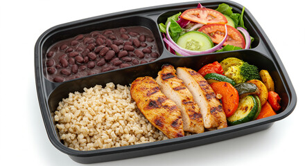Traditional Brazilian Lunch Box with Grilled Chicken, Black Beans, Brown Rice, Roasted Vegetables,...