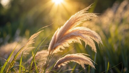 Grasses with fluffy seed heads in a field during sunset.