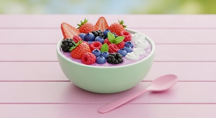 Delightful berry smoothie bowl topped with fresh strawberries, raspberries, blueberries, and blackberries beckons healthy lifestyle enthusiasts
