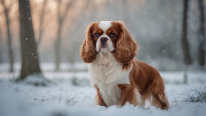 A cute Cavalier King Charles Spaniel puppy in a snowy forest scene.