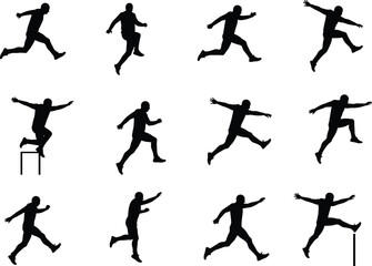 Silhouette of athlete jumping, running, exercising, training, leaping over hurdles, sports fitness, active lifestyle, competition movement, outdoor workout action.