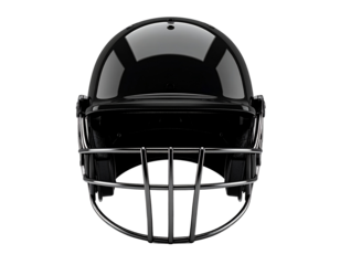 Professional cricket safety helmet in black with steel grill isolated on transparent background PNG