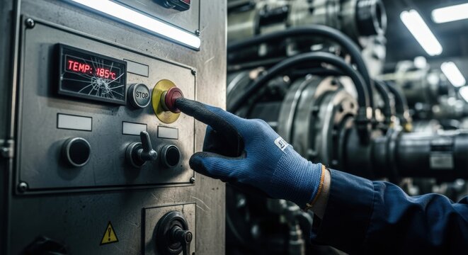 A hand pressing an emergency stop button on an industrial control panel with a broken display showing high temperature. Operational safety concept for machinery.