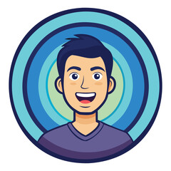 Smiling man avatar within a blue concentric circle design