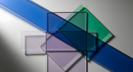 Abstract composition of overlapping colored translucent acrylic sheets casting shadows on a neutral background.