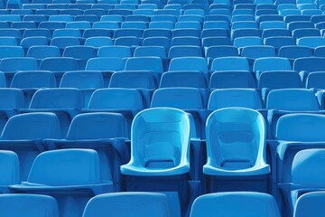 Naklejka premium Rows of bright blue plastic stadium seats, two empty in the foreground, under bright sunlight