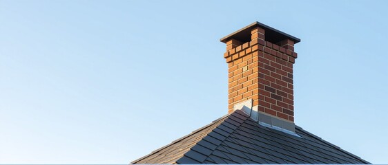 Brick chimney on a house roof against a blue sky © thelogocraft