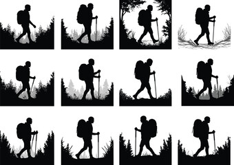 Silhouette of hiker with backpack walking forest trail, trekking outdoor adventure, camping lifestyle, hiking stick, mountain exploration, travel journey.