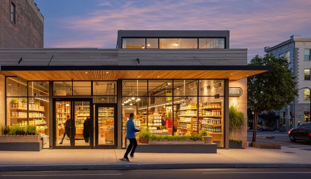 Modern health food store facade with illuminated interior at dusk