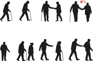 Silhouette of elderly people walking, seniors with cane, couple holding hands, family support, healthcare, aging lifestyle, retirement community, love.