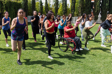 Large Group of Latin sporty multi age people stretching in training class next to mexican woman in wheelchair outdoors in a public park in Mexico Latin America. Diverse group in inclusion concept. 