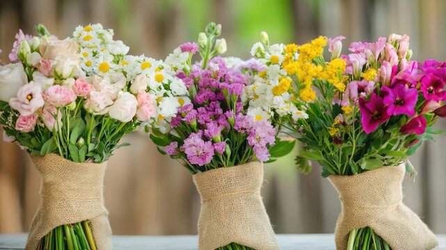 Three vases filled with various types of flowers