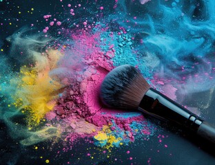 Colorful cosmetic powder explosion with brush