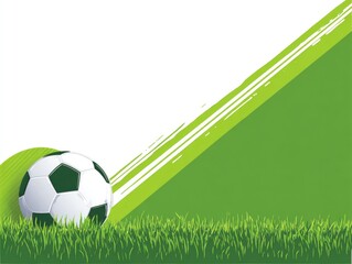 Soccer ball nestled in green grass, against a diagonally sliced bright green and white background with motion streaks