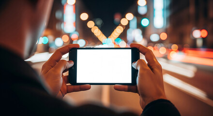 Person holding a smartphone horizontally with a blank screen, capturing a blurry city street at night with bokeh lights.