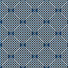 Abstract geometric pattern of intersecting diagonal lines and small squares in navy, white, and black.