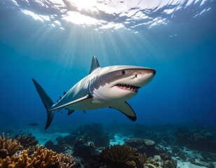 Fototapeta premium Great white shark in coral reef