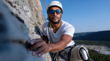 A rock climber with a prosthetic leg navigates steep terrain, showcasing resilience and determination against a stunning mountain backdrop and clear blue skies.