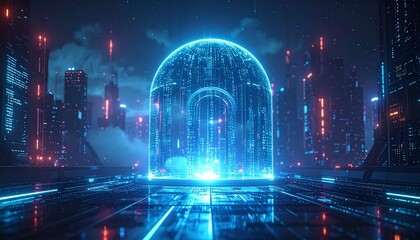 Cyberpunk Cityscape with Dome-Shaped Digital Structure, Futuristic Urban Landscape with Glowing Neon Elements
