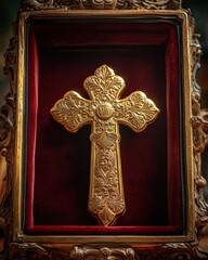 Medieval Religious Monument - Intricately Carved Gold Cross in Ornate Frame on Rich Red Velvet A dramatic and spiritual scene with faith, divine presence, religious symbolism, emotional atmosphere, go