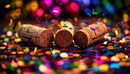 Festive corks and confetti.  Close-up of three wine corks, centered in a vibrant display of colorful confetti.  Bokeh effect from out-of-focus lights creates a celebratory atmosphere
