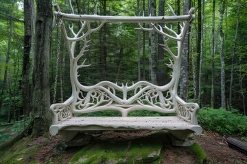 Whimsical, carved wooden swing bench in a forest