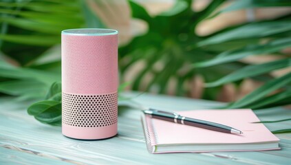 Pink smart speaker on a light wood surface, near a notebook and pen, with green foliage in the background