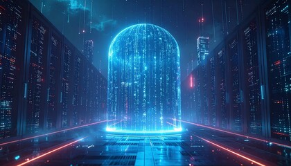 Data Center of the Future: A High-Tech Matrix of Servers and Information, Futuristic High-Tech Data Center with Glowing Sphere and Servers