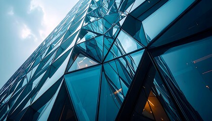 Obraz premium Modern skyscraper reflects the sky with its geometric glass facade in the city center, showcasing innovative architectural design and urban development.