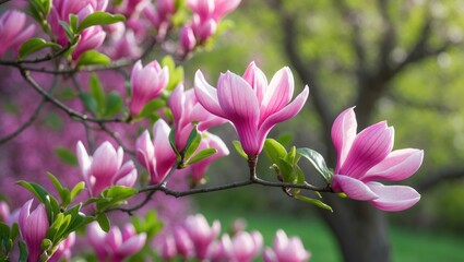 Obraz premium Magnolia flowers in bloom on a branch with green foliage and a blurred background.